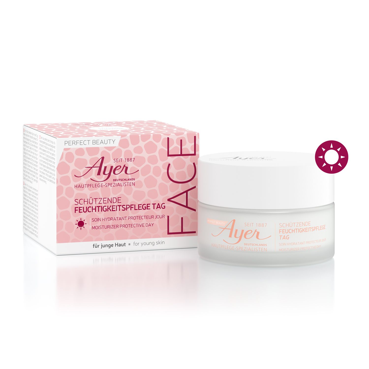 Vasetto di crema e confezione. Scritta: Ayer, Schützende Feuchtigkeitspflege Tag. Design rosa e bianco.