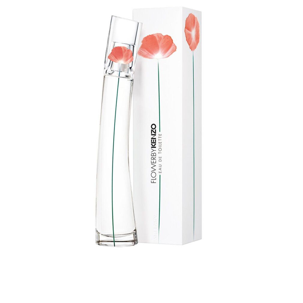 Flacone e confezione. Flacone con fiore rosso. Confezione con fiore e testo: FLOWERBYKENZO EAU DE TOILETTE.