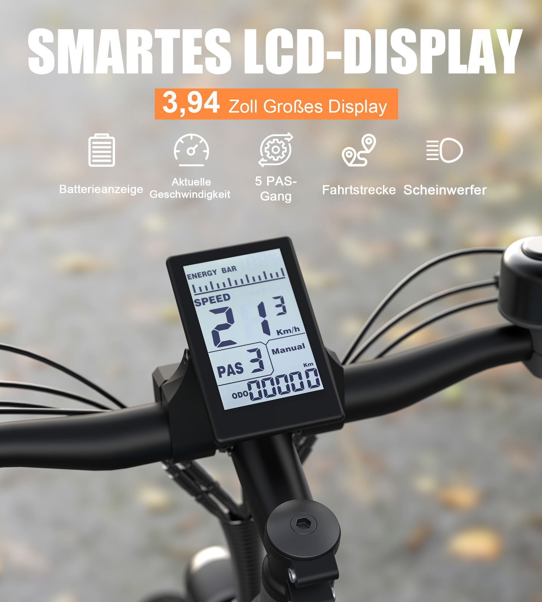 Manubrio bici con display LCD. Visualizza velocità, batteria, livello PAS e distanza. Manubrio nero.