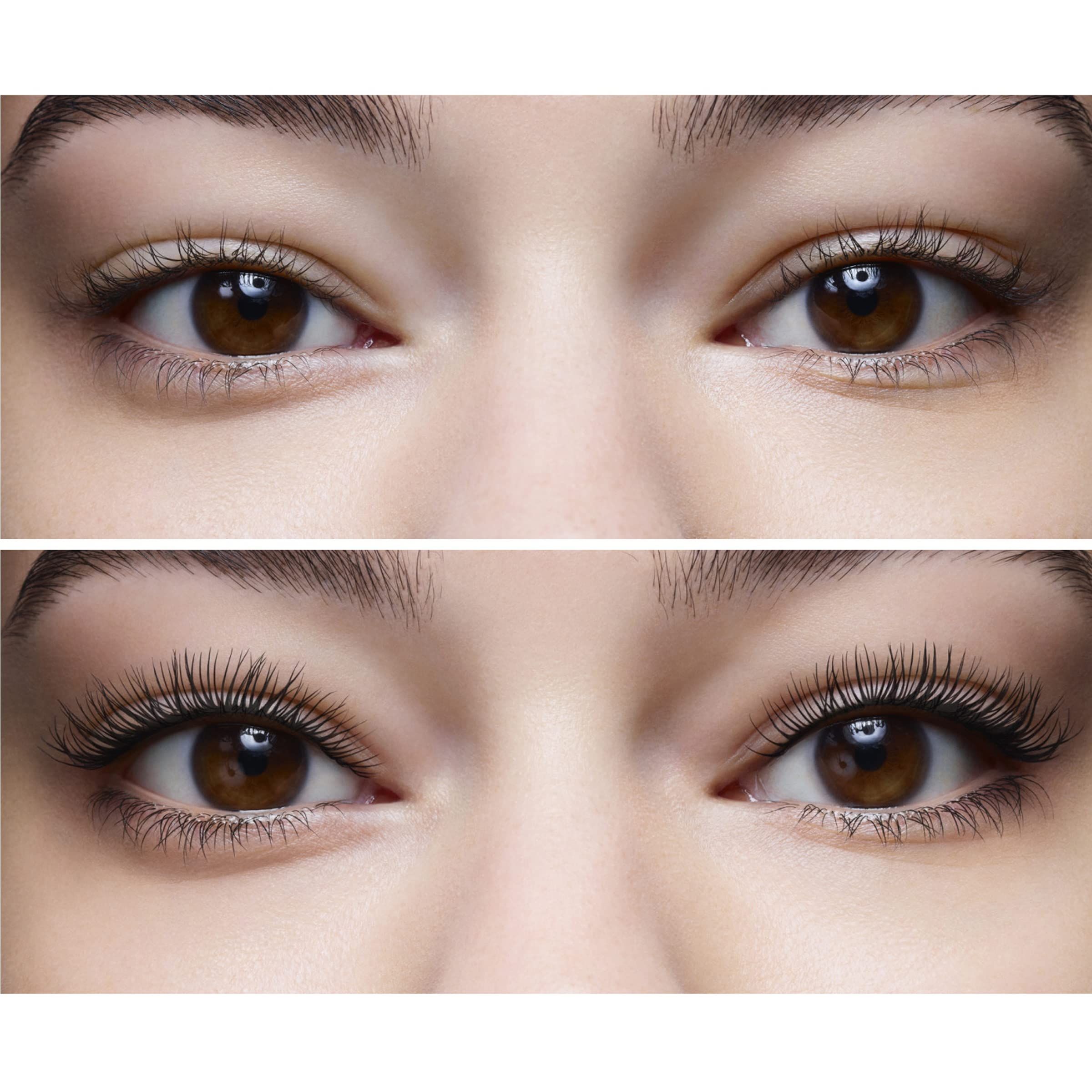 Paio di occhi prima e dopo l'applicazione del mascara. Estensione delle ciglia visibile.