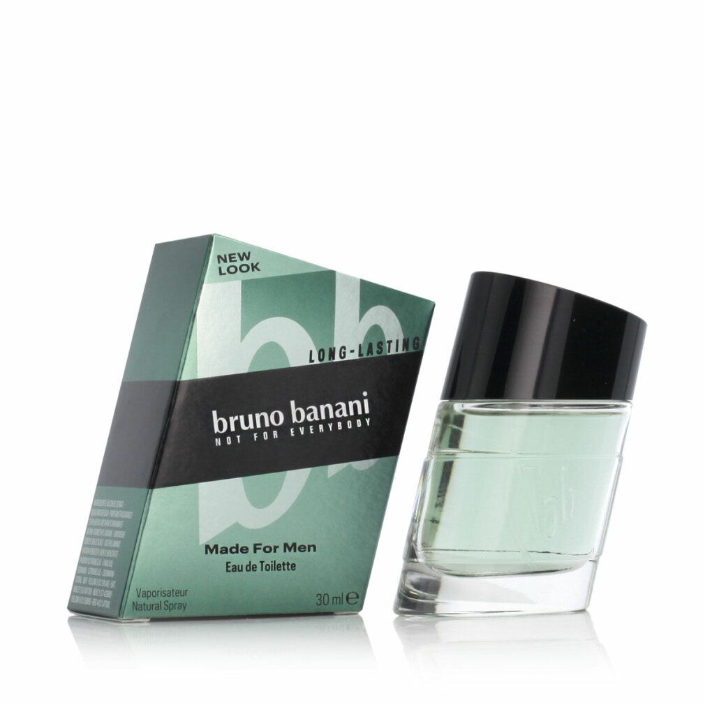 Flacone in vetro e confezione verde. Scritta: bruno banani Made For Men, Eau de Toilette, 30 ml. Logo BB e scritta: Long-Lasting.