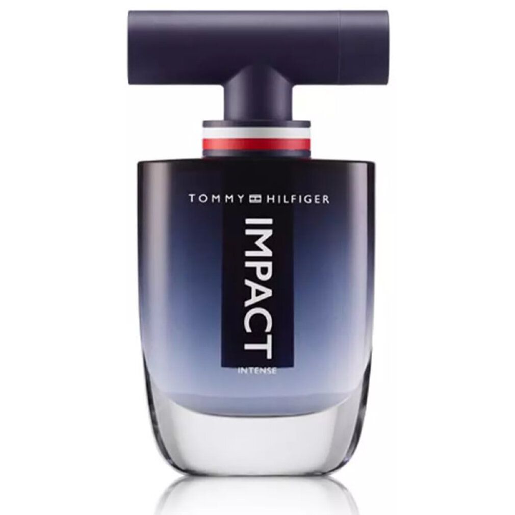 Flacone Tommy Hilfiger Impact Intense. Sfumatura blu-nera. Tappo nero con striscia rossa e bianca.