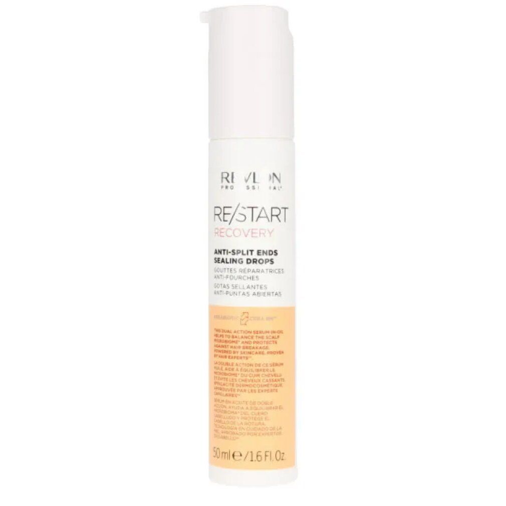 Flacone bianco-beige con scritta RE/START RECOVERY. Anti-Split Ends Sealing Drops. 50ml/1.6 fl.oz.