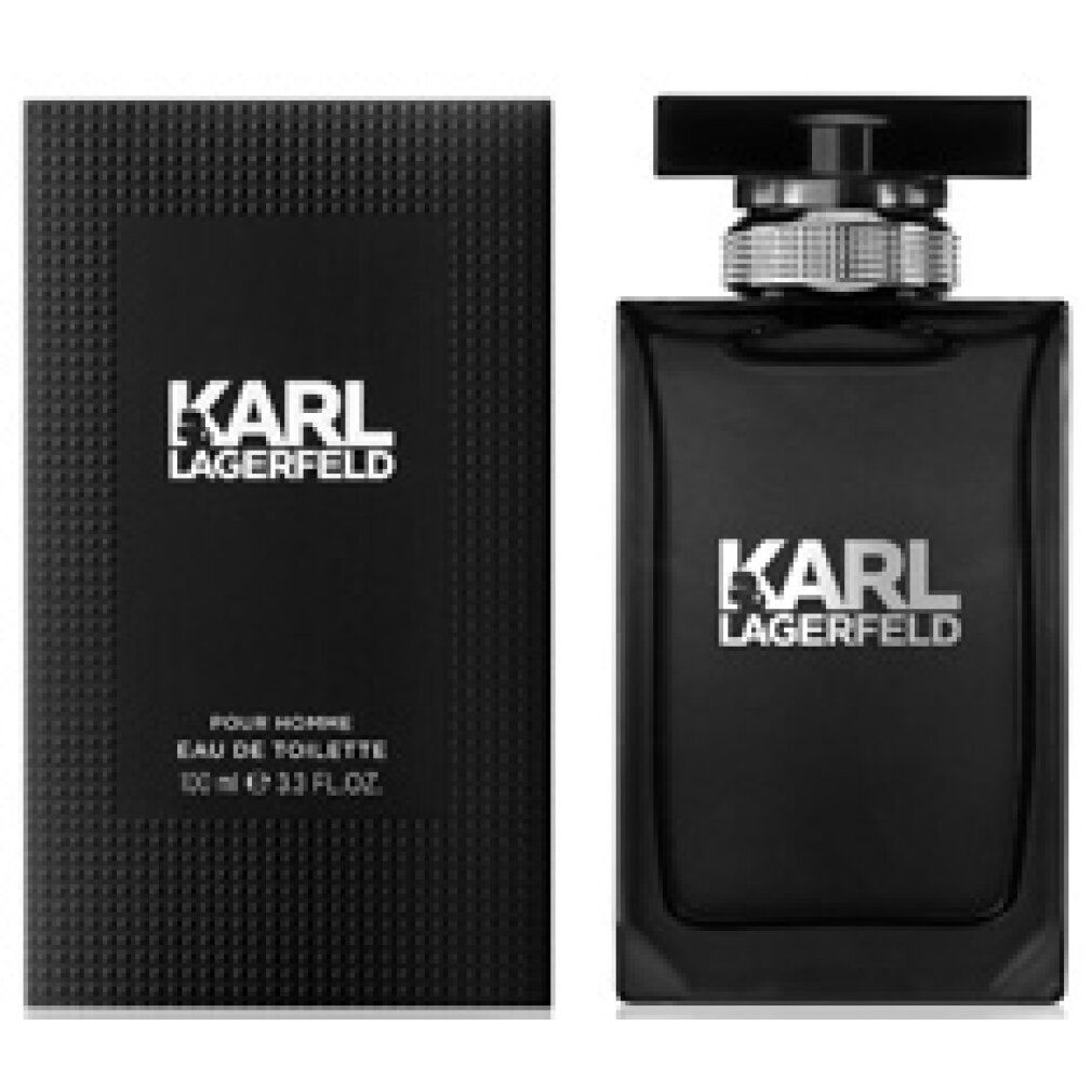 Flacone e scatola neri di Karl Lagerfeld Pour Homme Eau De Toilette. Scatola con superficie in rilievo.