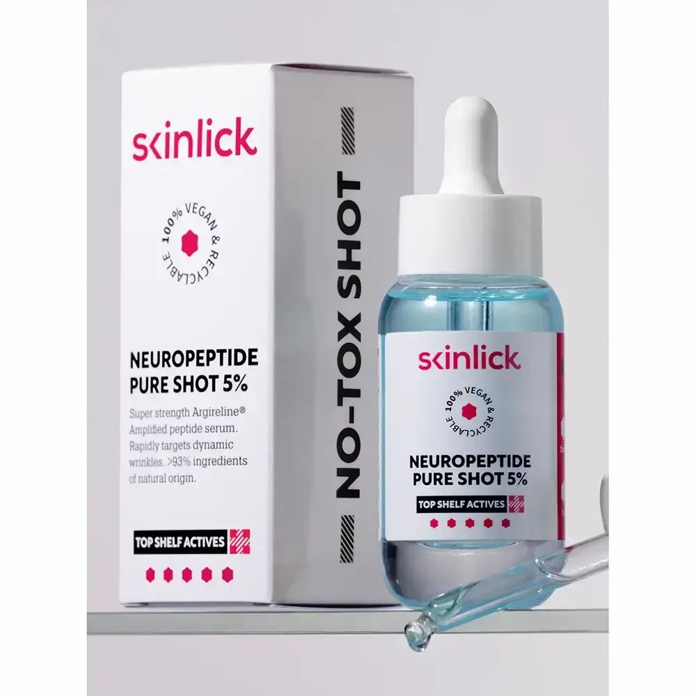 Flacone di siero e confezione. Scritta: Skinlick, Neuropeptide Pure Shot 5%. Vegano, riciclabile. Con pipetta.