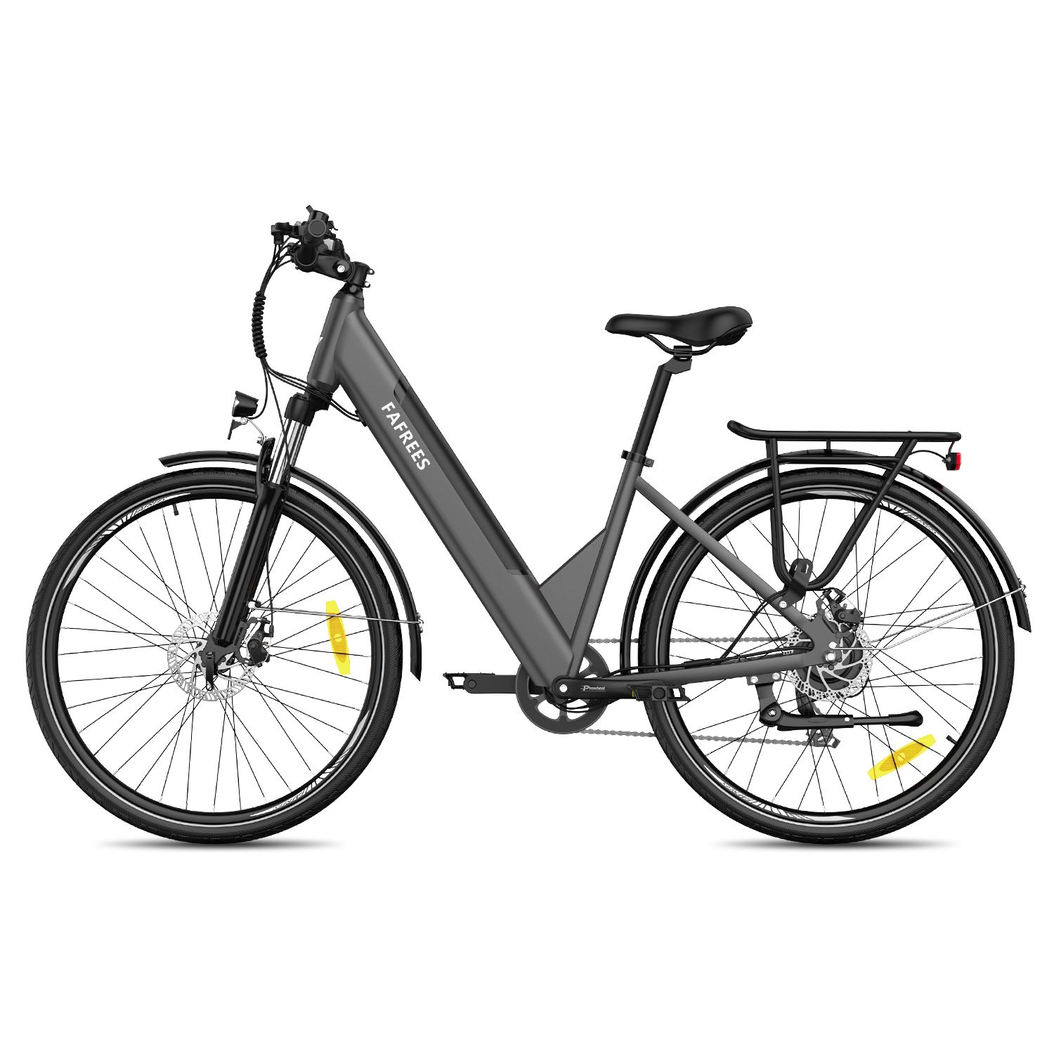 E-bike grigia FAFREES con portapacchi e parafanghi. Pneumatici neri con dettagli gialli.