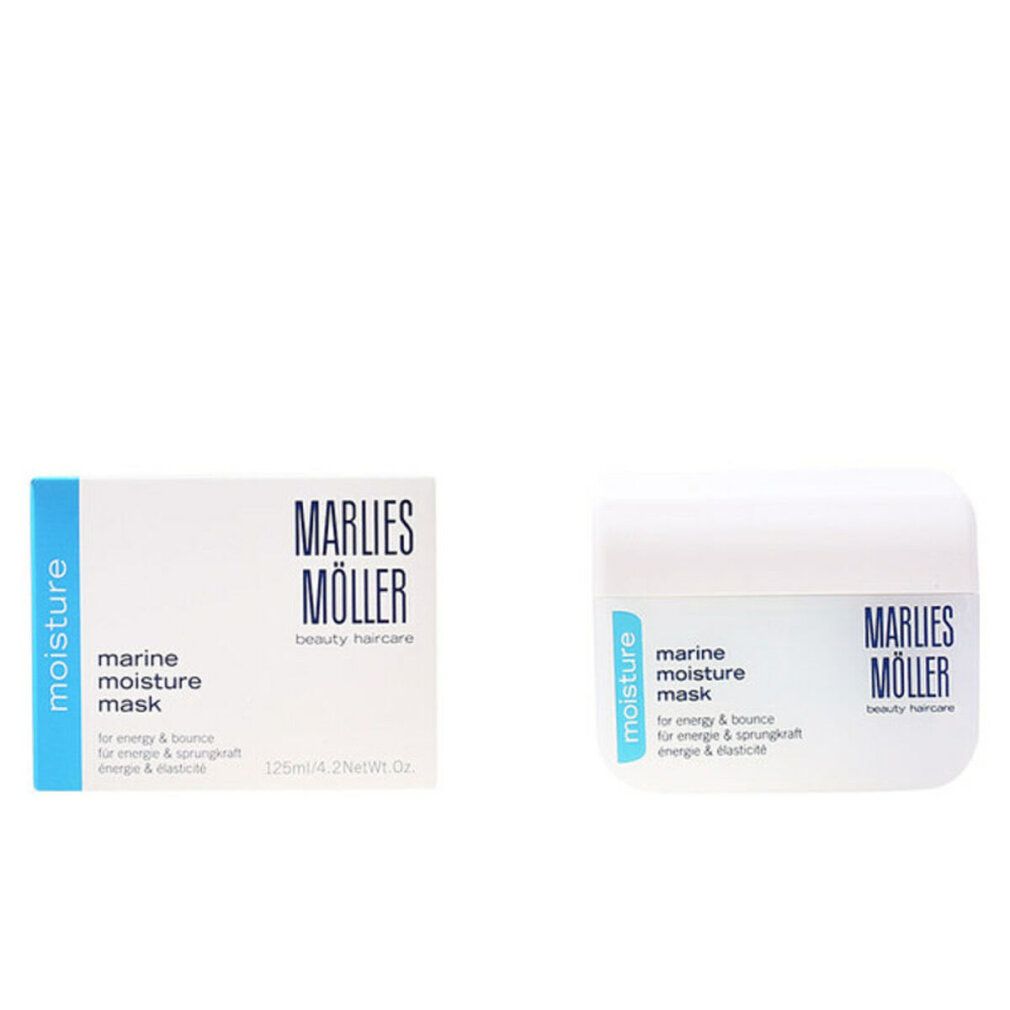 Due confezioni: barattolo e scatola. Scritta: Marine Moisture Mask, Marlies Möller, beauty haircare. Per energia & elasticità.