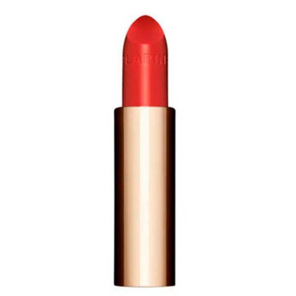 Rossetto rosso vivo con astuccio dorato. La scritta "Clarins" è visibile sul rossetto.
