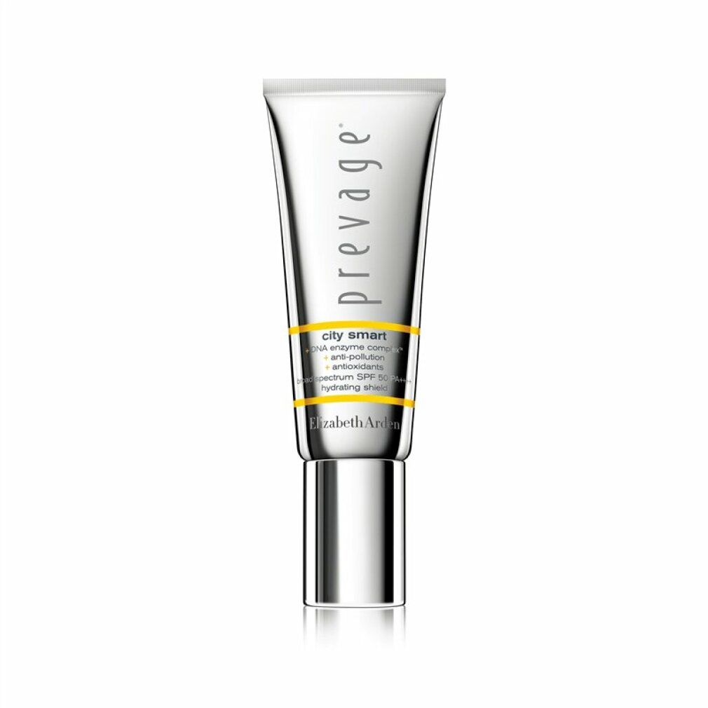 Tubo argentato Elizabeth Arden Prevage City Smart SPF 50. Testo: City Smart, DNA Enzyme Complex, Anti-pollution, SPF 50.