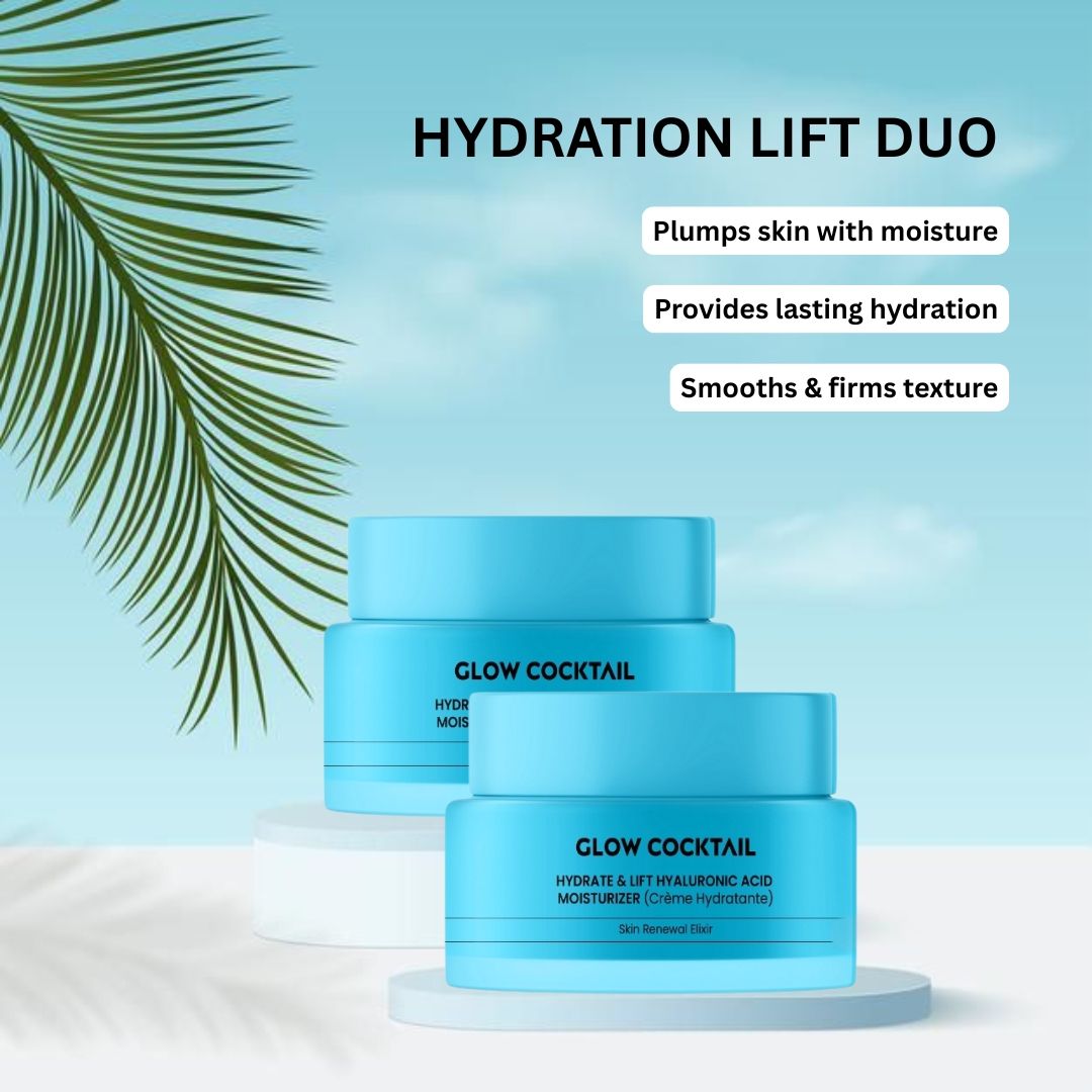Due vasetti blu con scritta bianca: GLOW COCKTAIL HYDRATE & LIFT HYALURONIC ACID MOISTURIZER. Sfondo: foglia di palma.