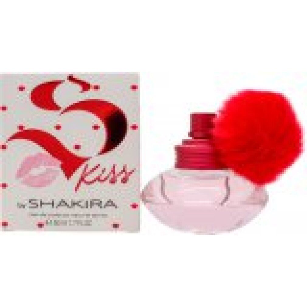 Spray Eau de Toilette con pompon rosso. Confezione con scritta "Kiss by Shakira". Flacone rosa e scatola.