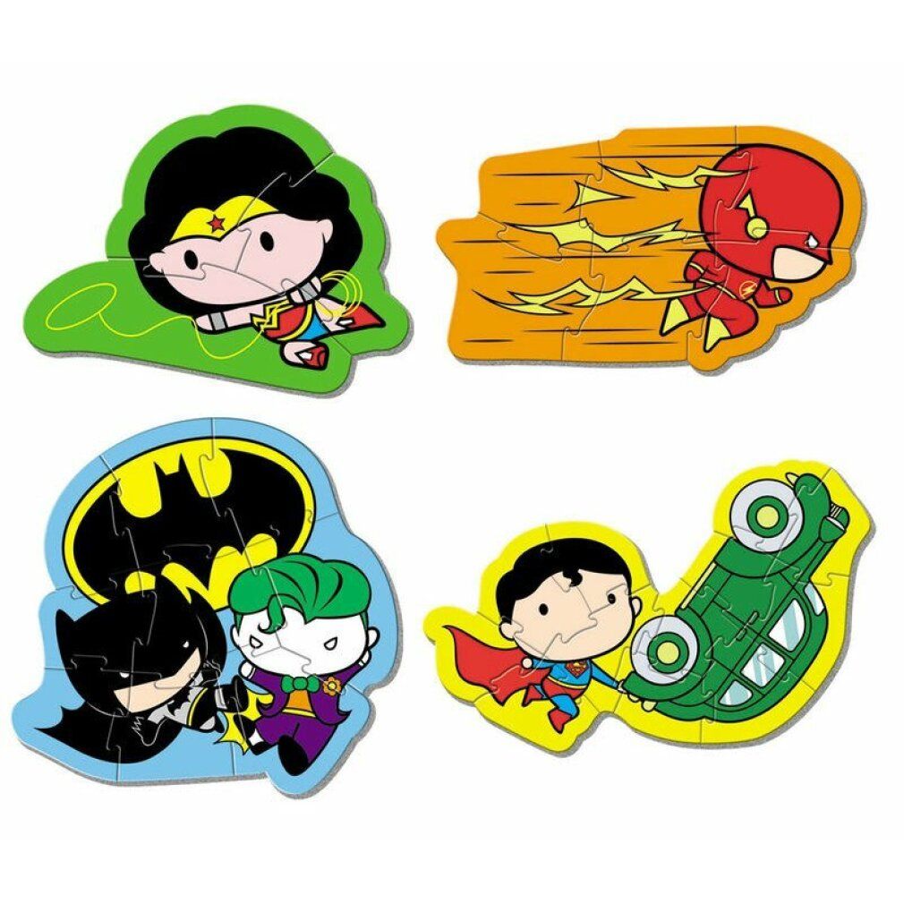 Quattro puzzle con personaggi Justice League: Wonder Woman, Flash, Batman e Joker, Superman. Pezzi di puzzle di forme diverse.