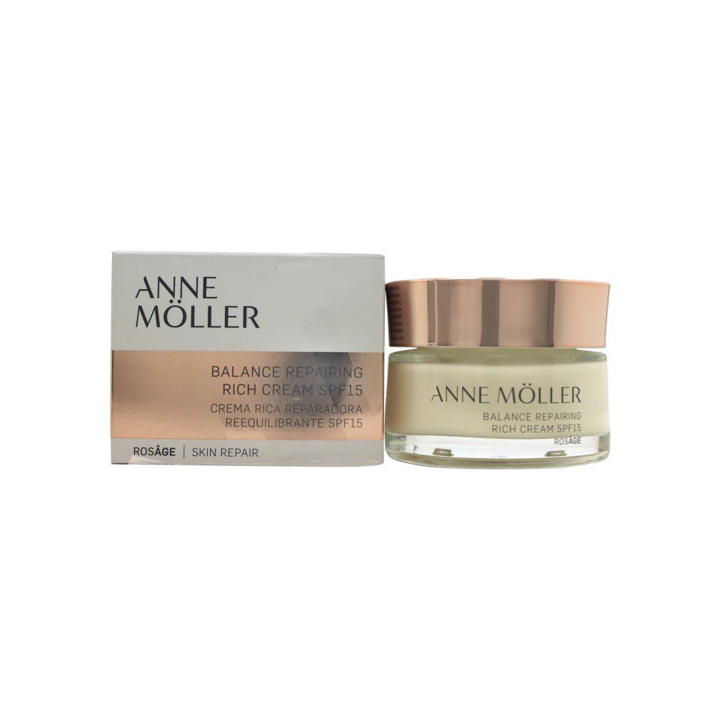 Vaso di crema con coperchio e confezione. Testo: Anne Möller, Balance Repairing Rich Cream SPF15, Rosâge.