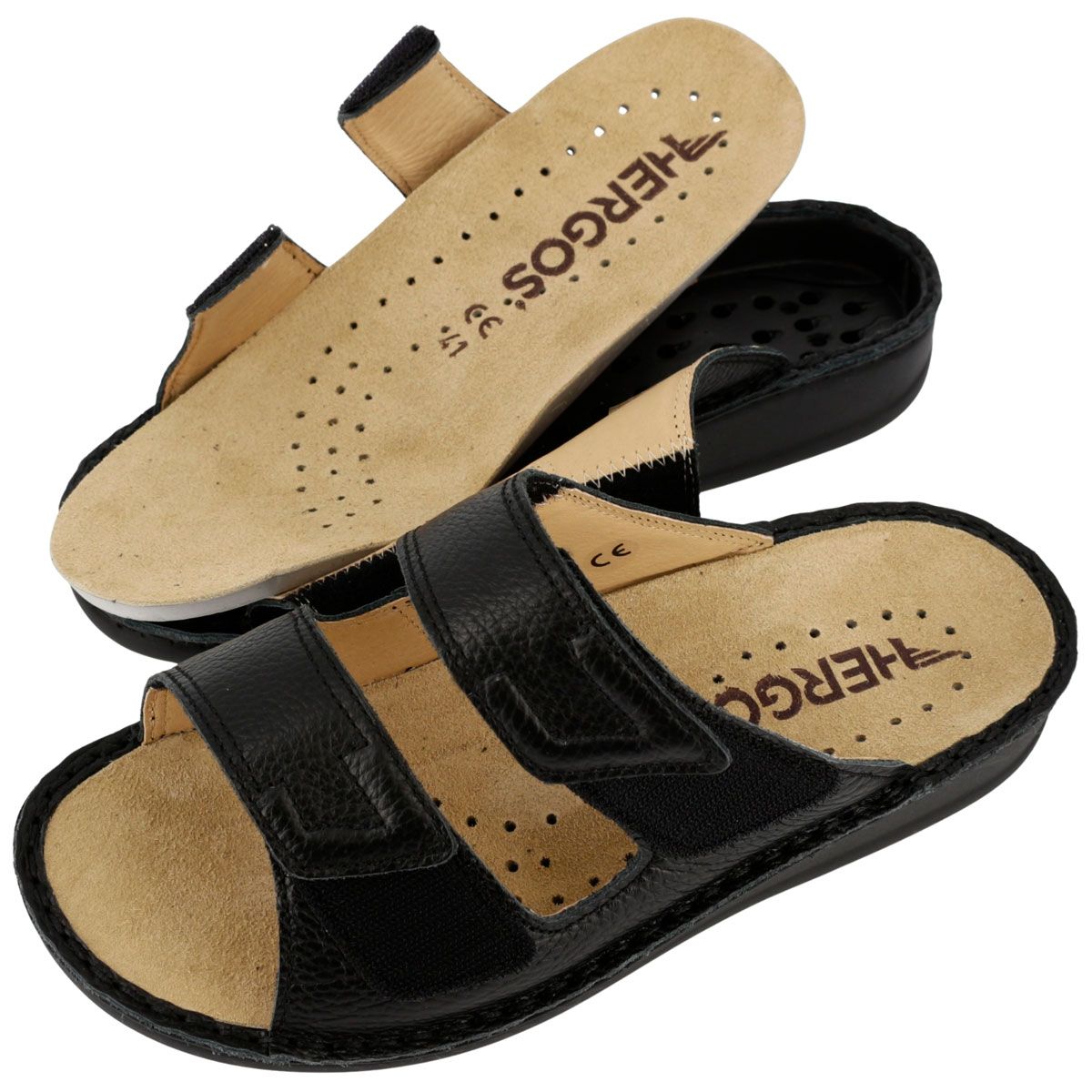 Sandalo nero con soletta interna rimovibile. Sottopiede beige, logo visibile. Aspetto pelle.