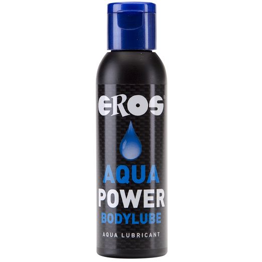 Flacone Eros Aqua Power Bodylube con tappo a scatto blu.