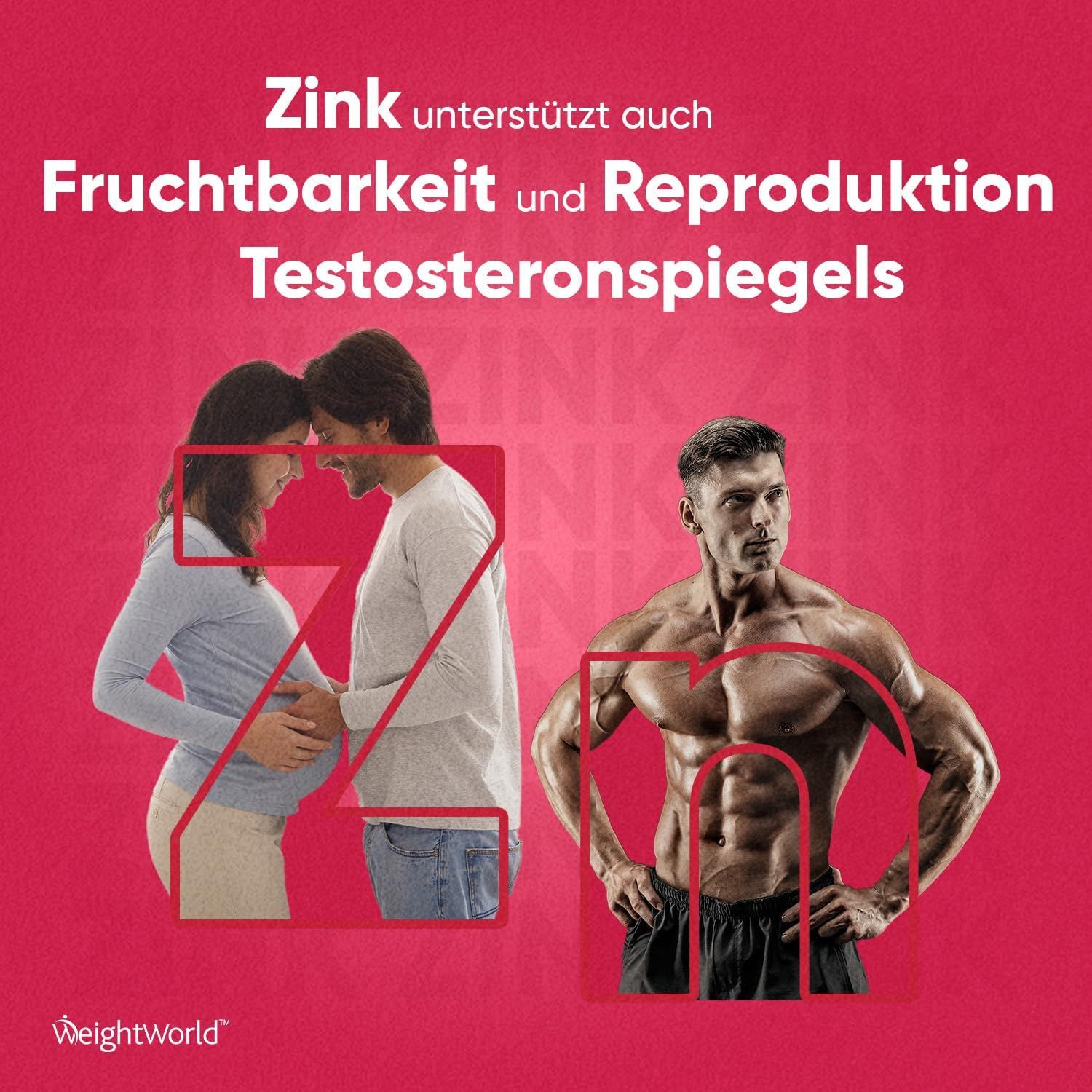 Grafica con uomo e donna. Lo zinco supporta la fertilità e i livelli di testosterone. Simbolo Zn. Logo WeightWorld.