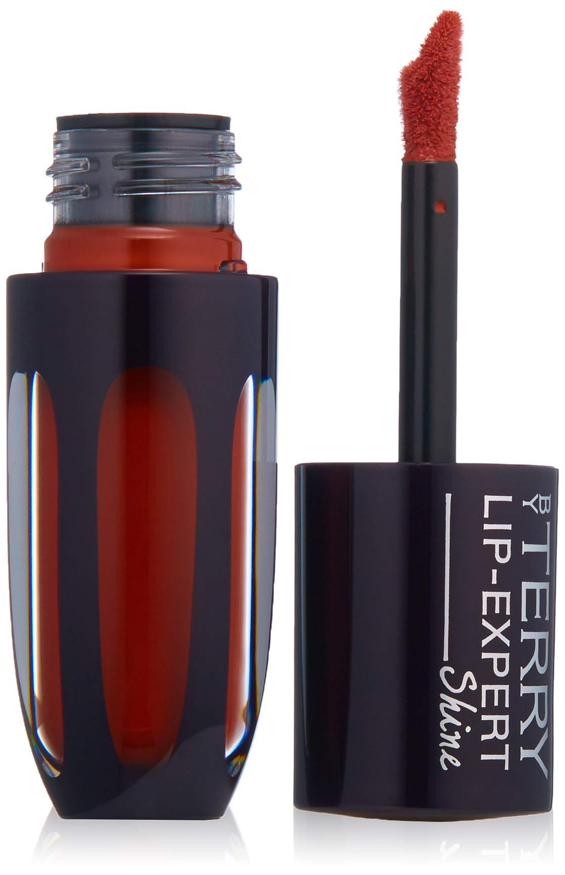 Tubo di rossetto aperto, By Terry Lip Expert Shine, con applicatore. Contenuto marrone. Scritta: By Terry, Lip-Expert Shine.