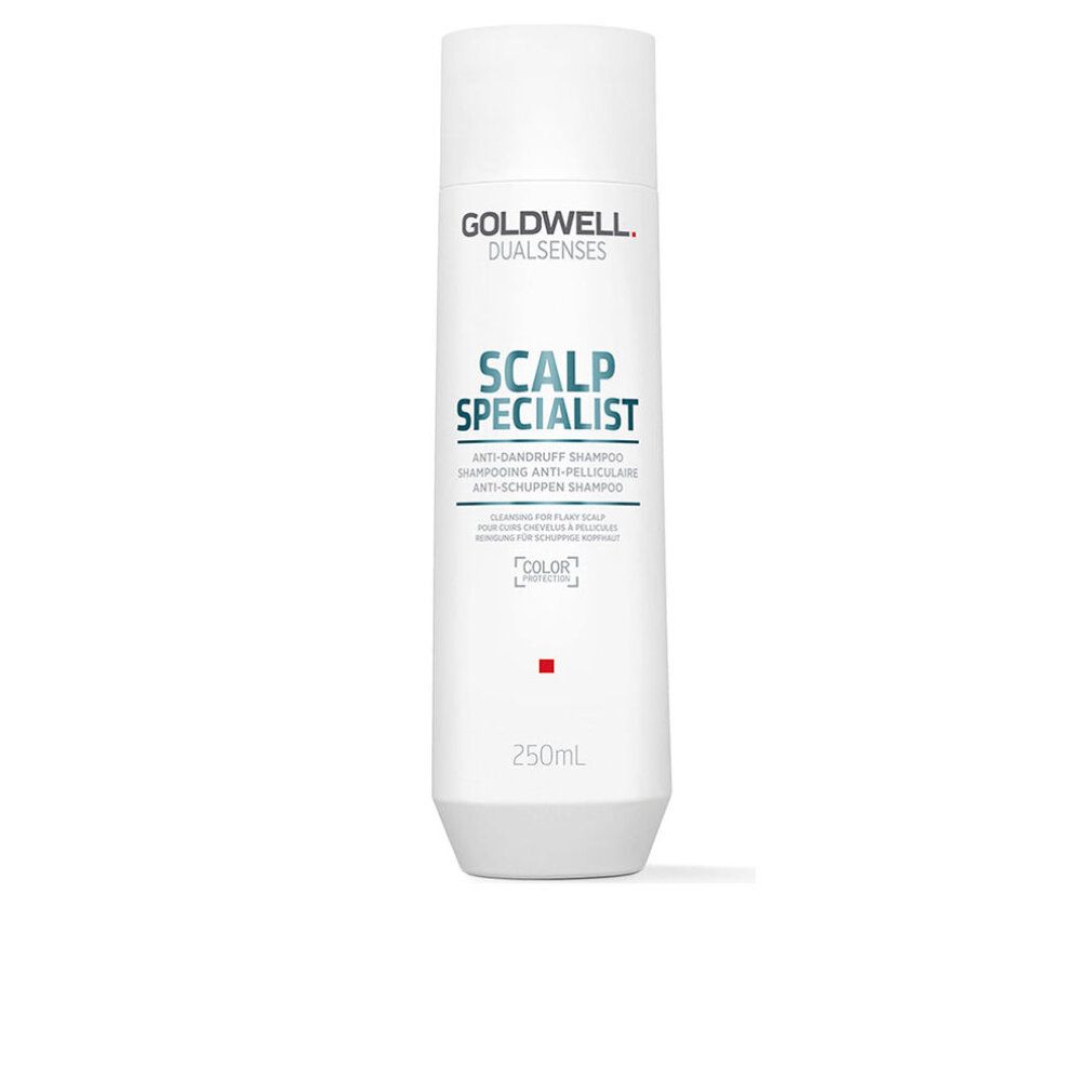 Shampoo bianco con scritta SCALP SPECIALIST. Marchio Goldwell. Flacone con quadrato rosso e 250ml.
