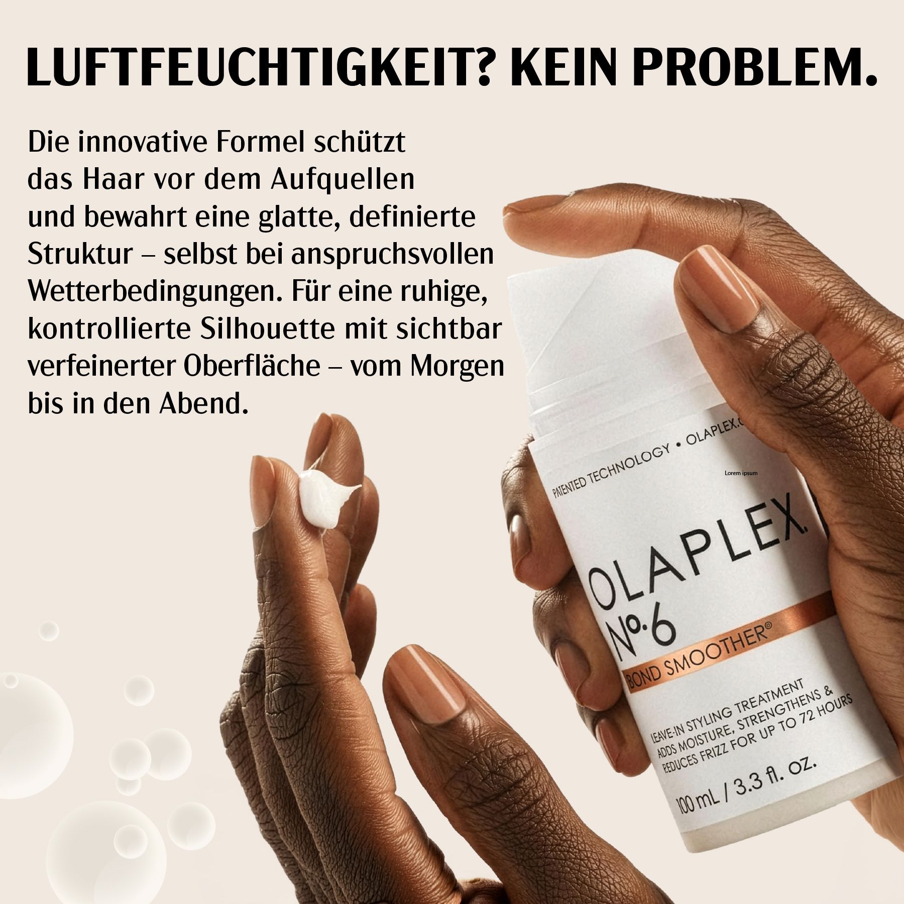 Mano che tiene Olaplex No.6 Bond Smoother. Testo: Protegge i capelli dal gonfiore, definisce la struttura, anche in condizioni meteorologiche avverse.
