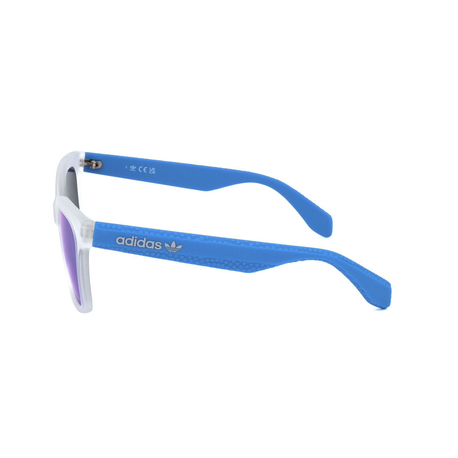 Occhiali da sole bianchi con aste blu e logo Adidas.