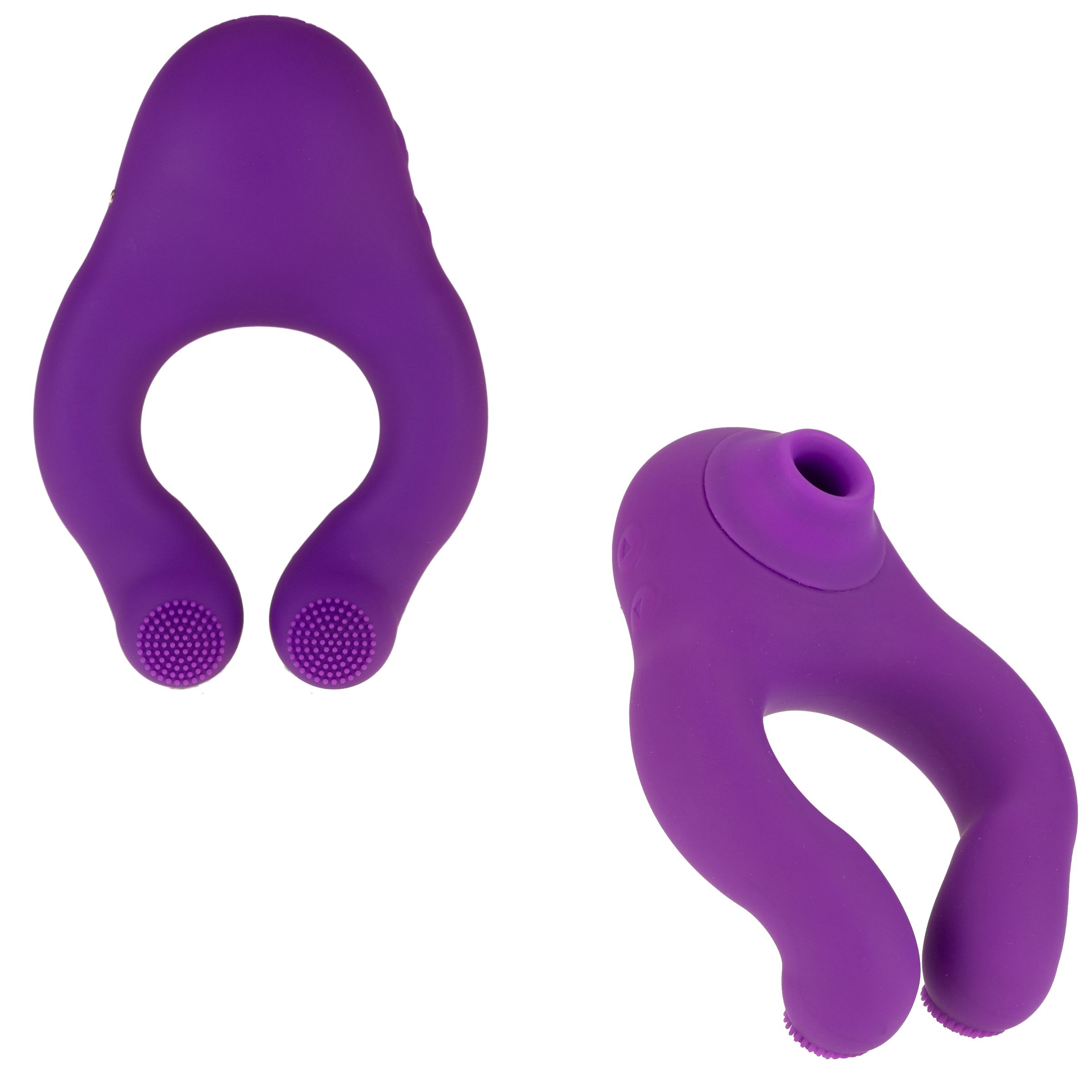 Due viste di un anello viola con apertura. Due estremità curve. In silicone. Un anello ha dei nodi.
