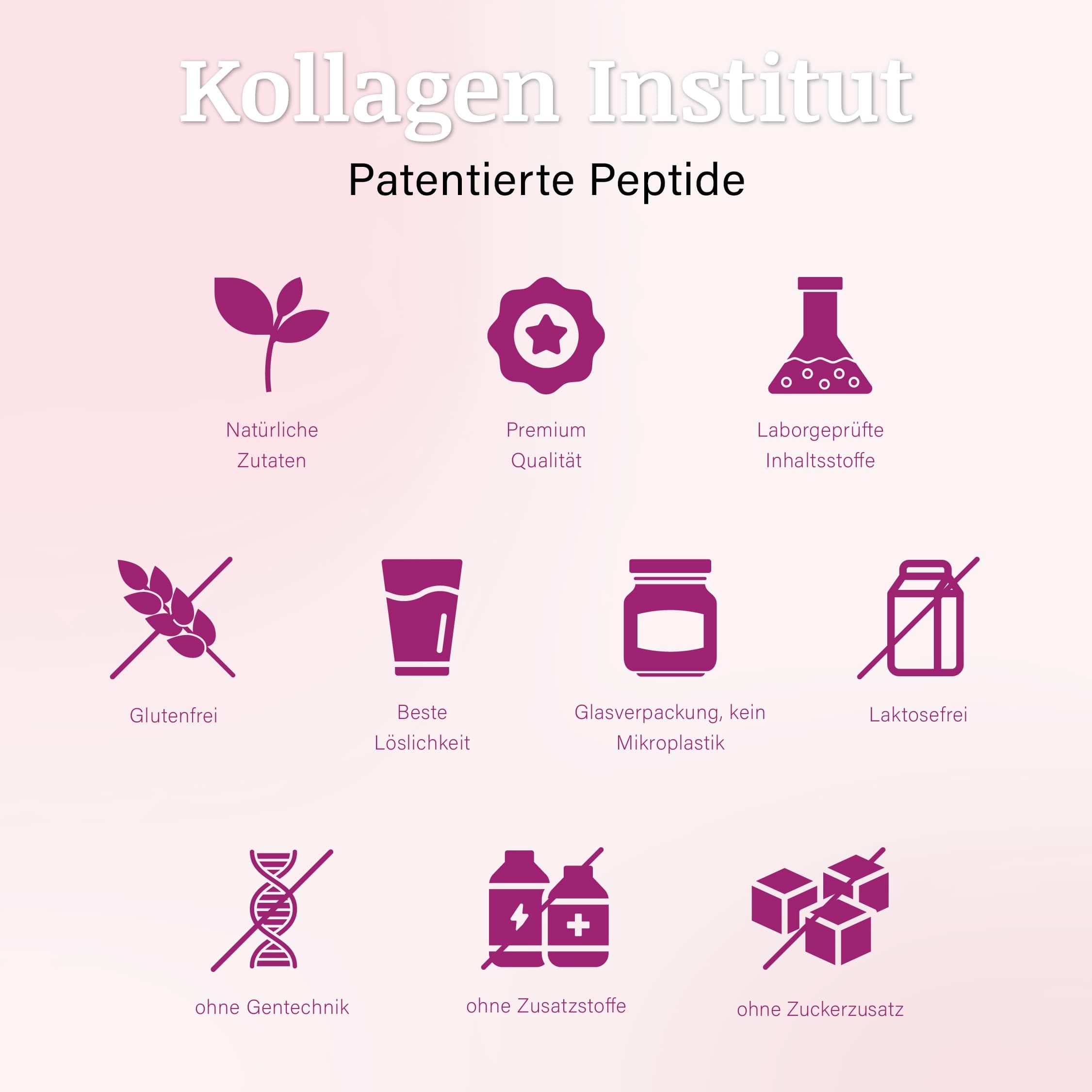 Infografica con simboli. Mostra 'Ingredienti naturali', 'Qualità premium', 'Ingredienti testati in laboratorio', 'Senza glutine', 'Migliore solubilità'.