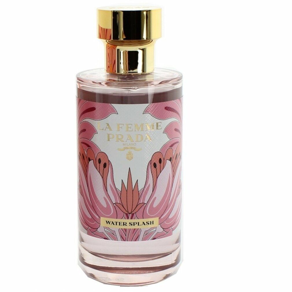 Flacone Prada La Femme Water Splash Eau de Toilette. Scritta: La Femme Prada, Water Splash. Design floreale.