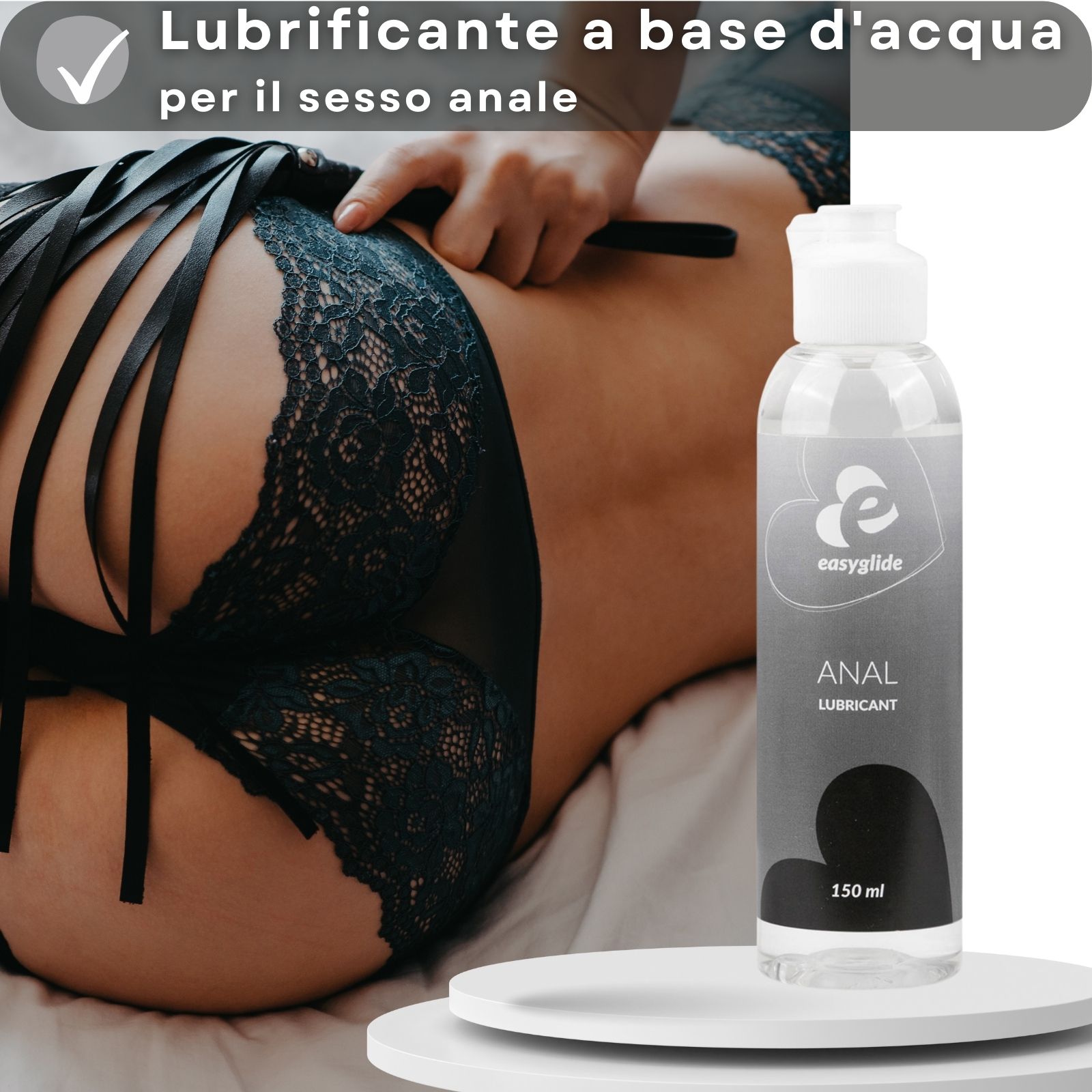 Flacone di gel Easyglide Anal. Testo: Lubrificante a base d'acqua per il sesso anale.