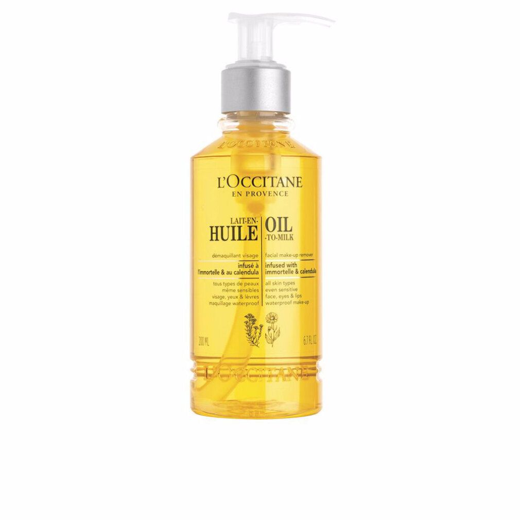 Flacone giallo con dosatore a pompa. Scritta: Huile, Oil to Milk. Marchio L'Occitane en Provence.