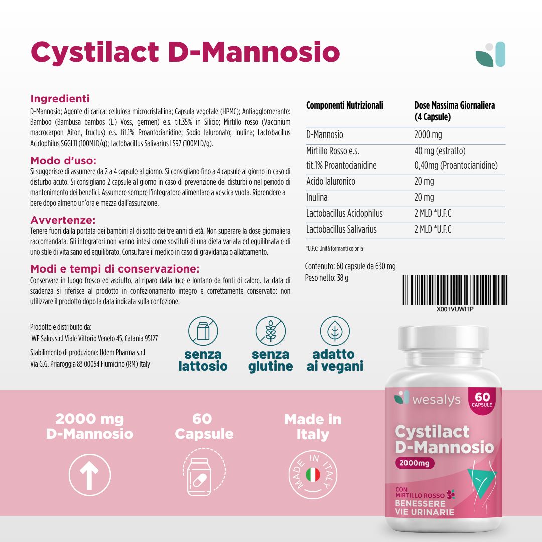 Flacone di Cystilact D-Mannosio con informazioni nutrizionali. Testo su ingredienti e utilizzo.