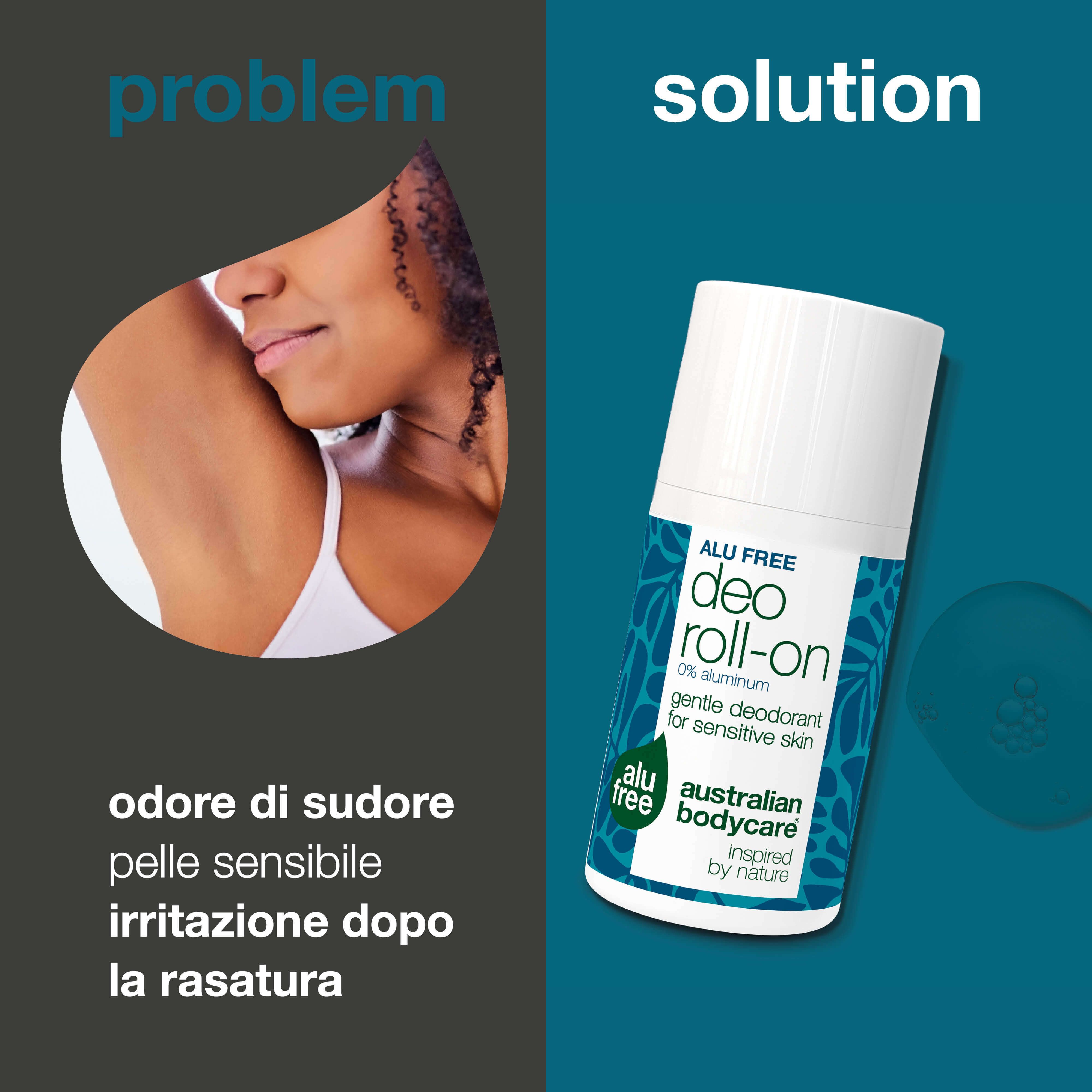 Roll-on accanto a un'ascella. Testo: Odore, pelle sensibile, irritazione dopo rasatura. Soluzione: Roll-on.
