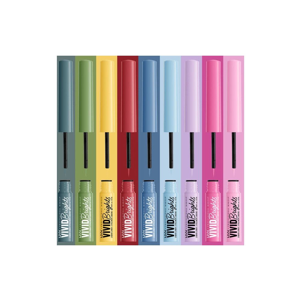 Diversi eyeliner liquidi in vari colori, ciascuno in un flacone blu con scritte bianche.