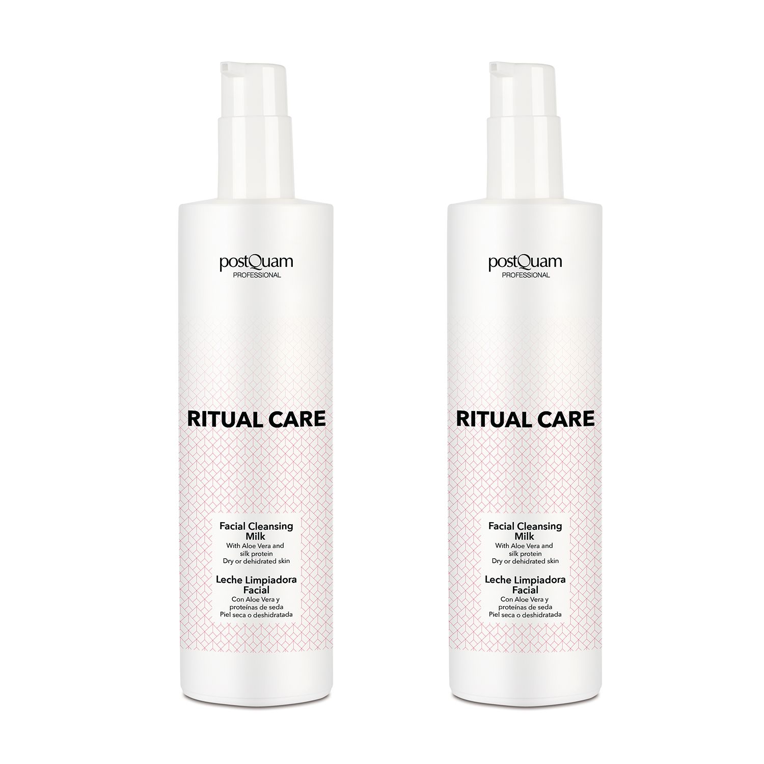 Due flaconi bianchi con dosatore. Scritta: Postquam, Ritual Care, Facial Cleansing Milk. Per pelli secche.