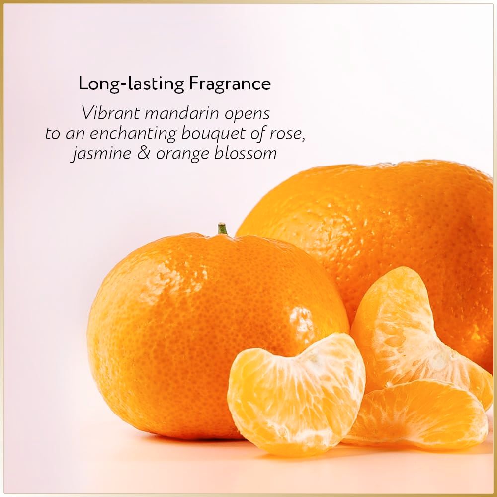 Primo piano di mandarini. Alcuni sono sbucciati. Testo: Long-lasting Fragrance.