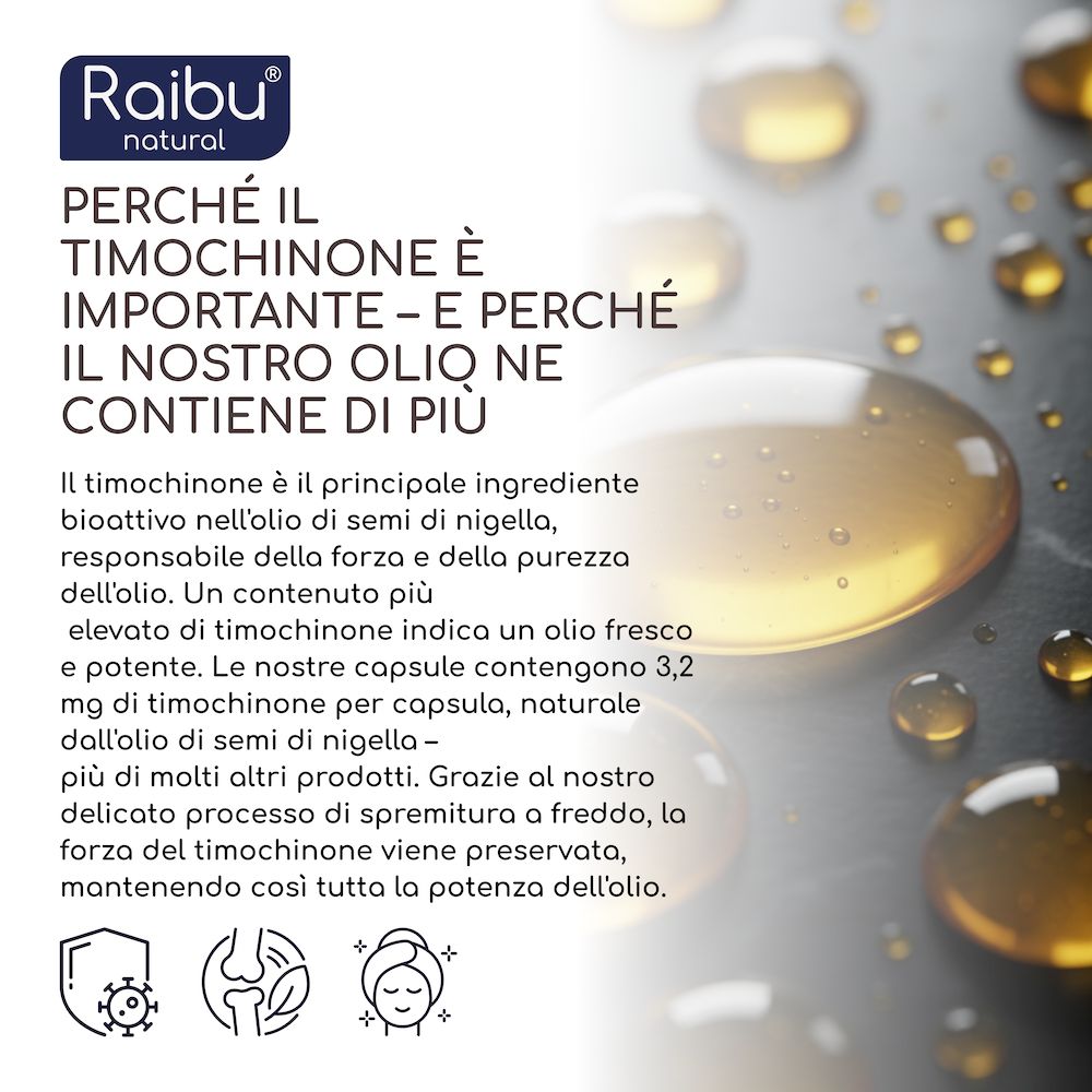 Primo piano dell'olio. Testo: Perché la timochinone è importante. Contiene 3,2 mg di timochinone per capsula. Raibu natural.
