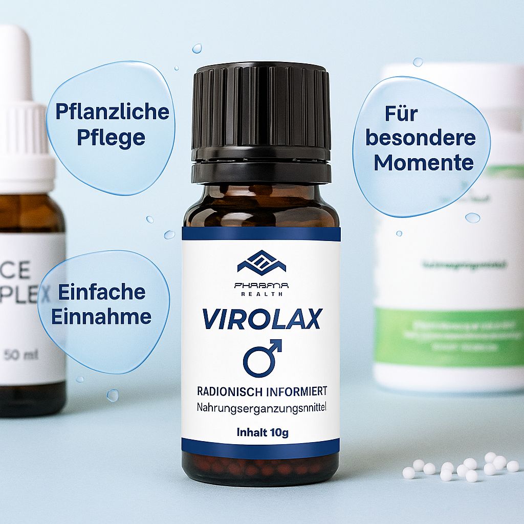 Flacone di vetro marrone con tappo nero. Etichetta bianca con logo, nome del prodotto Virolax e indicazione del contenuto 10g. Altri flaconi sullo sfondo.