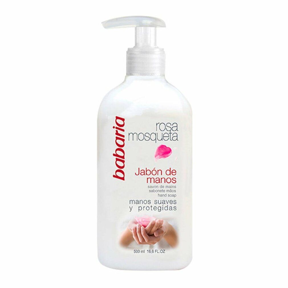 Flacone bianco con etichetta rosa. Testo: Babaria, Rosa Mosqueta, Jabón de manos, manos suaves y protegidas. Con dispenser.