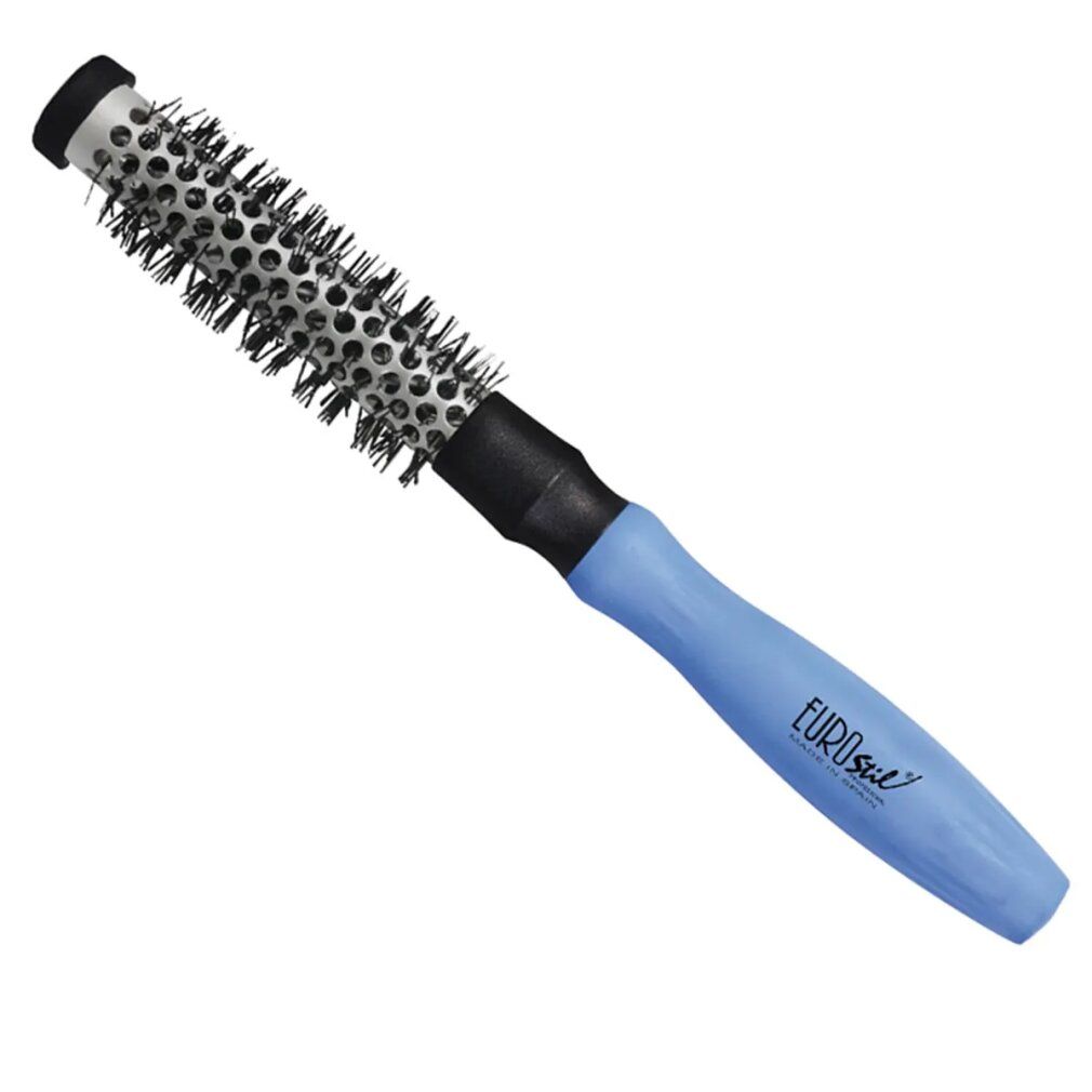 Spazzola rotonda con manico blu e setole metalliche. Base nera. Scritta Eurostil.
