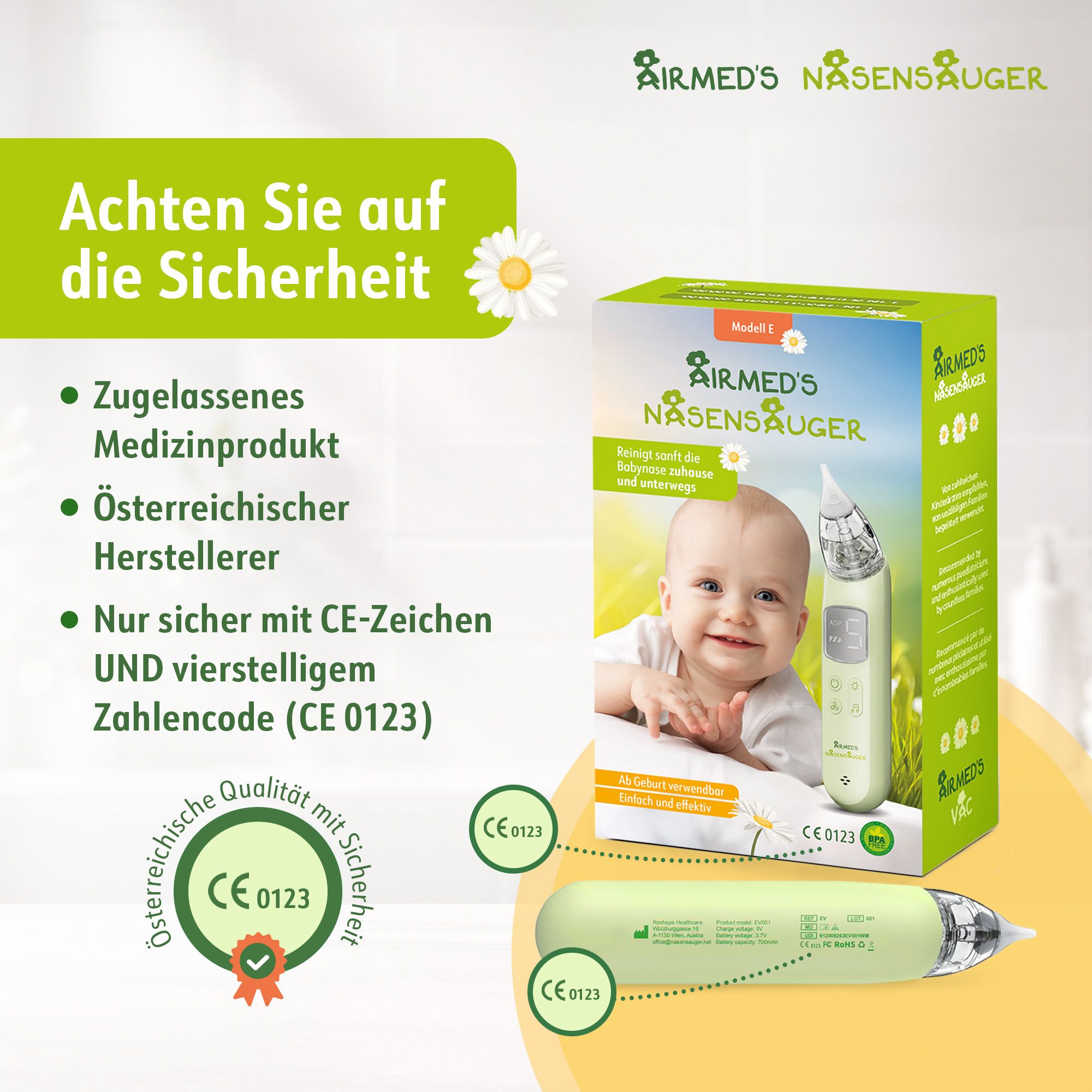 Aspiratore nasale verde con marchio CE 0123 e sigillo austriaco. Confezione con immagine di bambino.