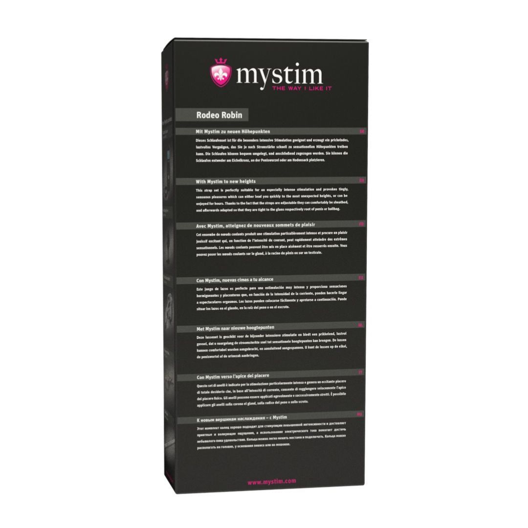 Retro della confezione del prodotto nera con testo in più lingue. Logo Mystim.