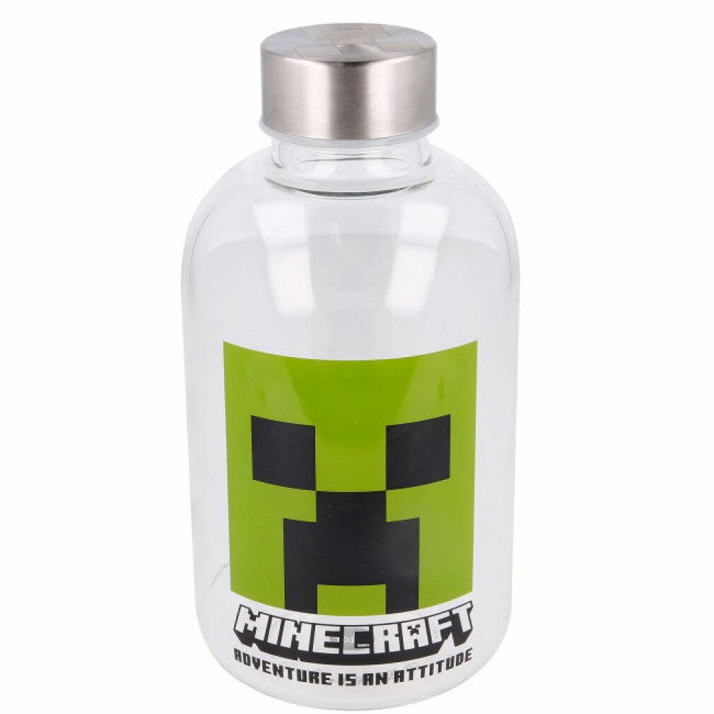 Bottiglia in vetro trasparente con tappo argentato. Stampa: volto verde Minecraft e scritta.