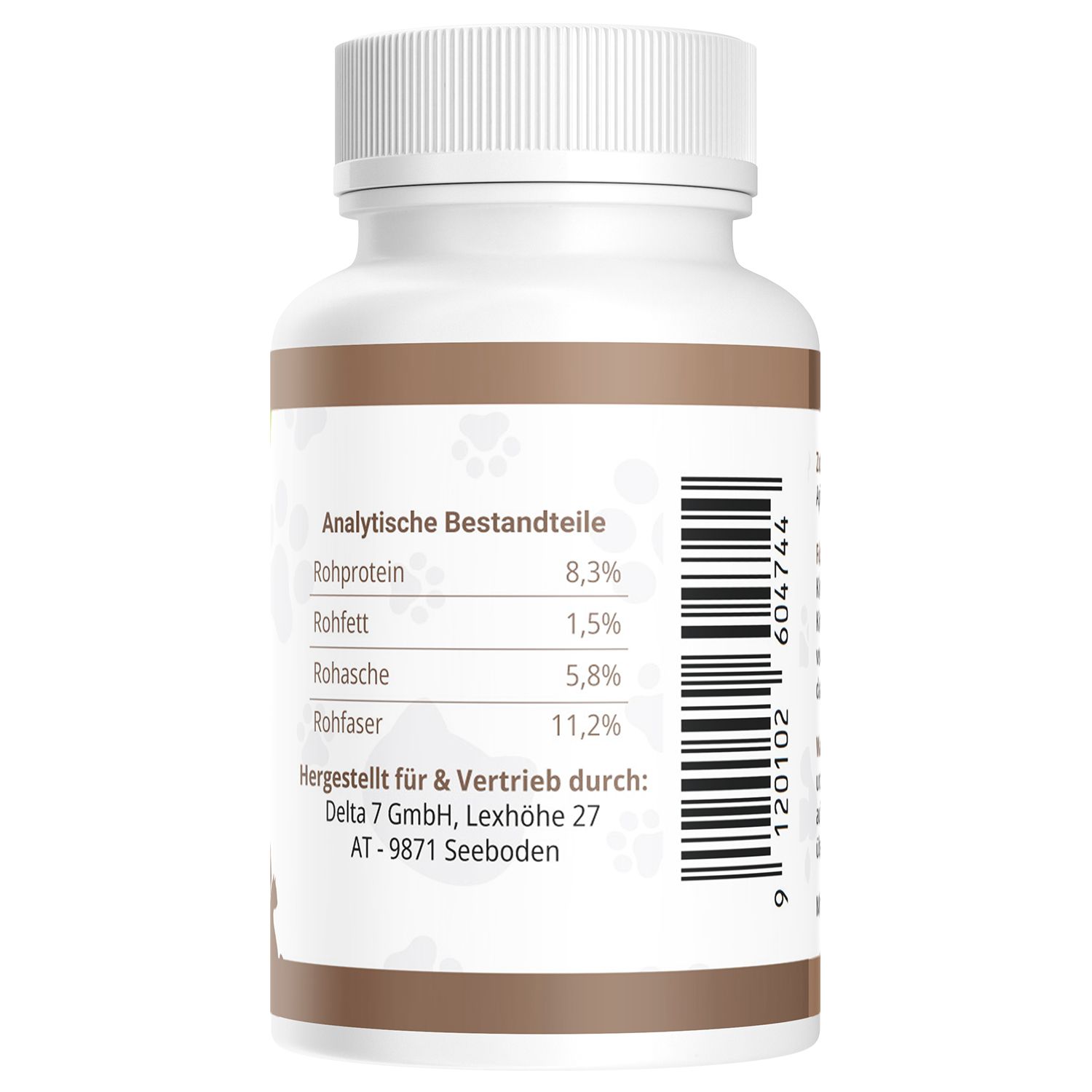 Retro di un flacone bianco con etichetta marrone. Componenti analitici: proteina grezza, grassi grezzi, ceneri grezze, fibra grezza.