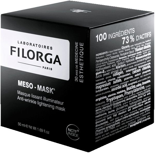 Scatola nera con scritta: FILORGA, MESO-MASK, Anti-Wrinkle lightening mask. Contiene 100 ingredienti, 73% di attivi.