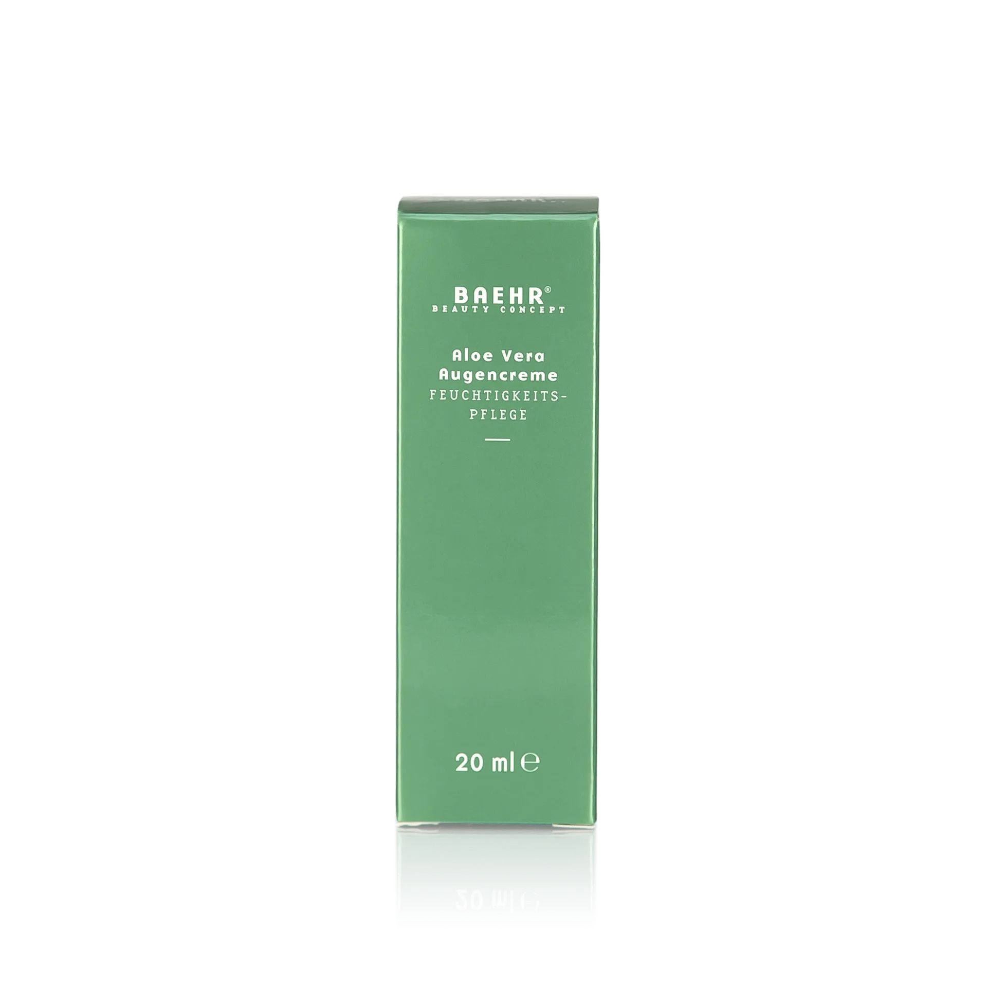 Scatola pieghevole verde per crema contorno occhi Baehr Beauty Concept Aloe Vera, con informazioni sul prodotto e indicazione 20 ml.