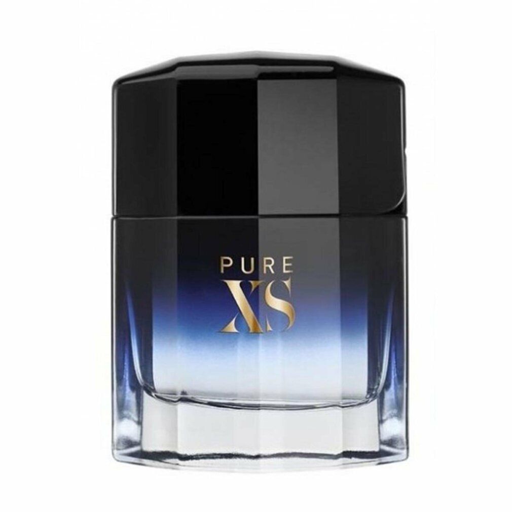 Paco Rabanne Pure XS Eau de Toilette Spray. Flacone. Sfumatura blu-nera. Tappo nero. Scritta dorata.