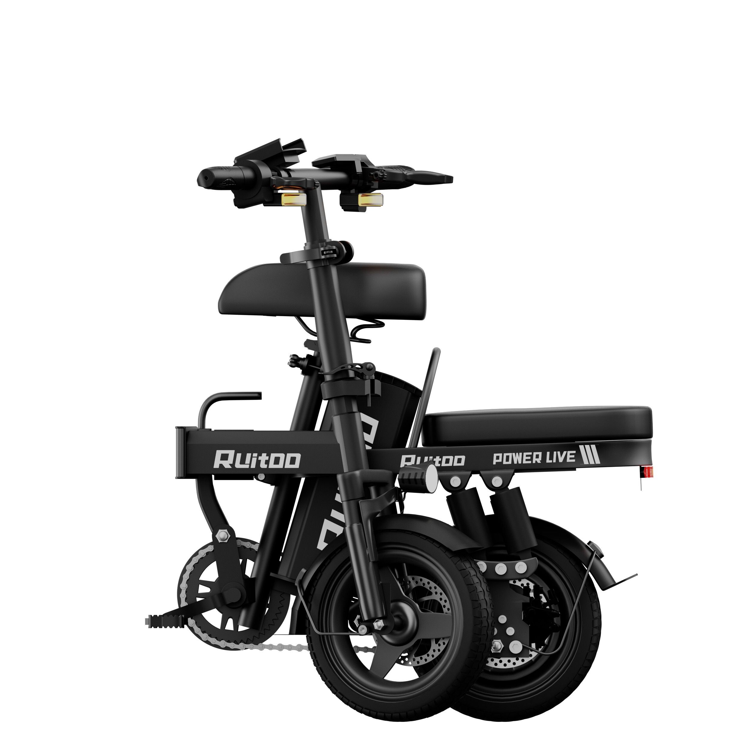 E-bike nera piegata. Ruote, sella, batteria, manubrio visibili. Marchio: Ruitoo.