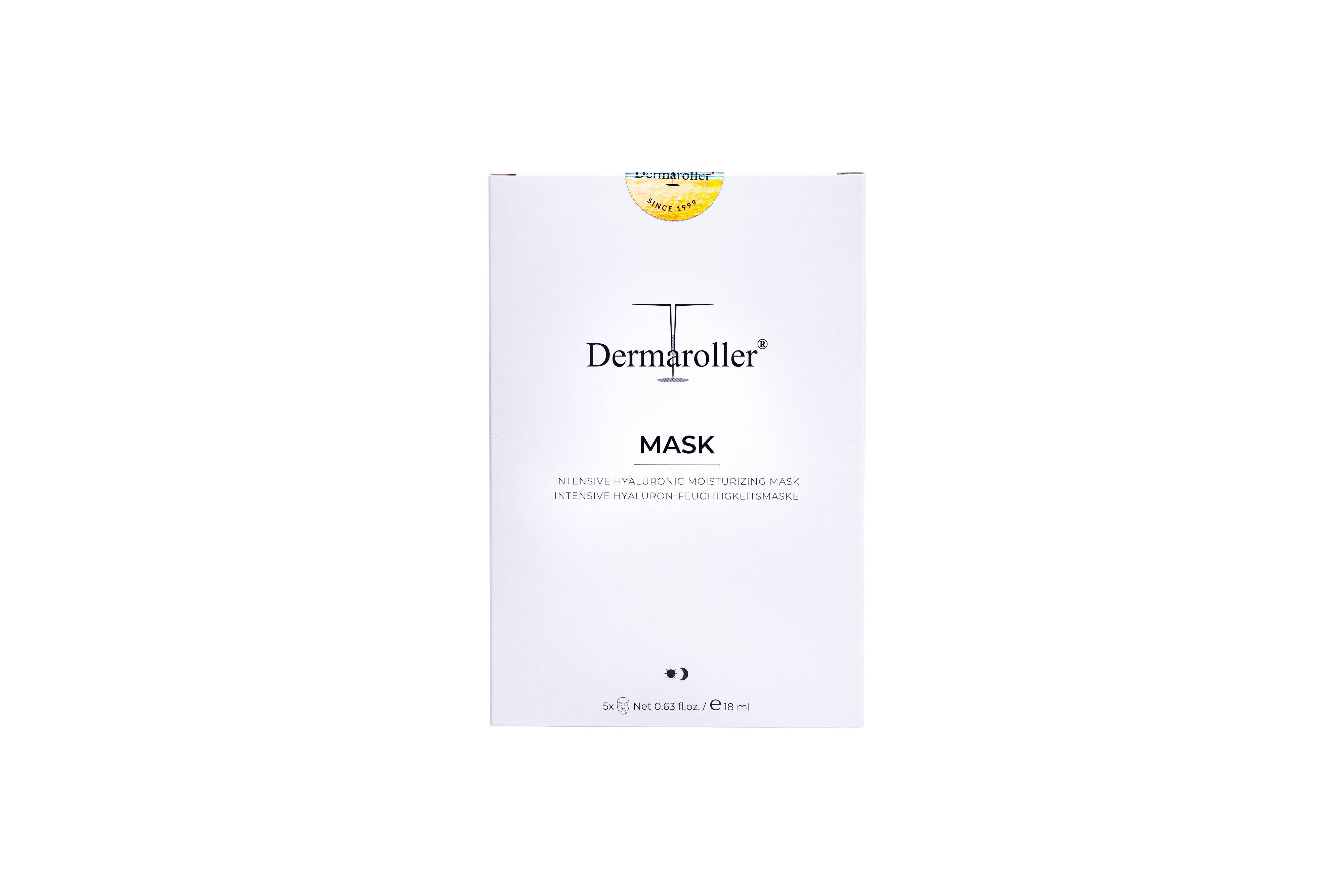 Confezione bianca per maschera Dermaroller con logo e nome del prodotto.