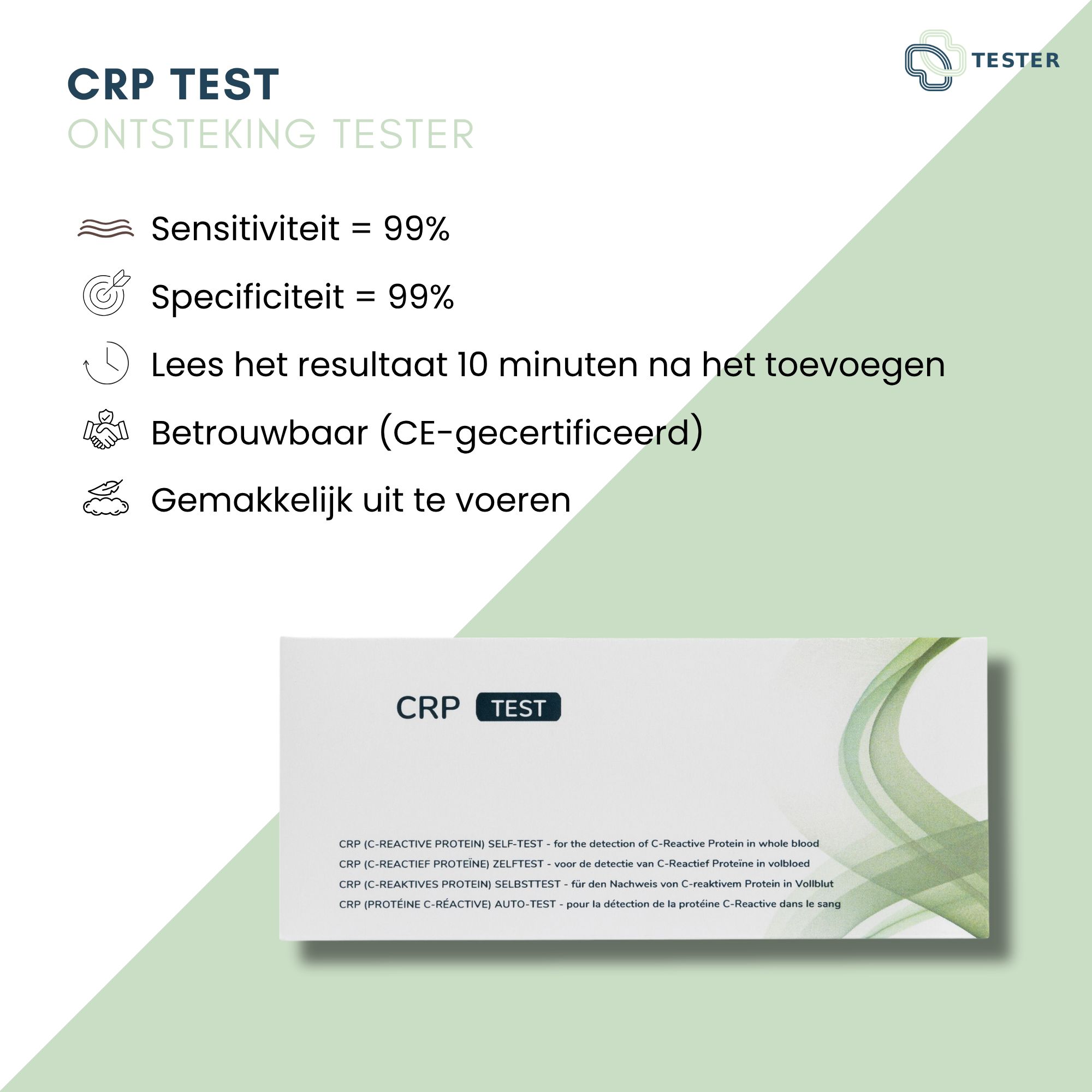 Infografica con testo: Sensibilità 99%, Specificità 99%, risultato in 10 minuti, affidabile (certificato CE), facile.