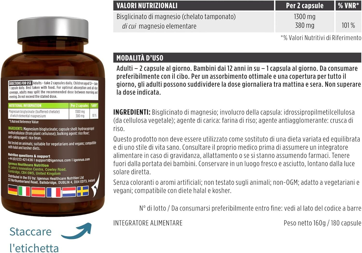 Igennus Magnesio Bisglicinato Chelato 380mg Puro Glicinato Supporta Sonno, Muscoli e Sistema Nervoso