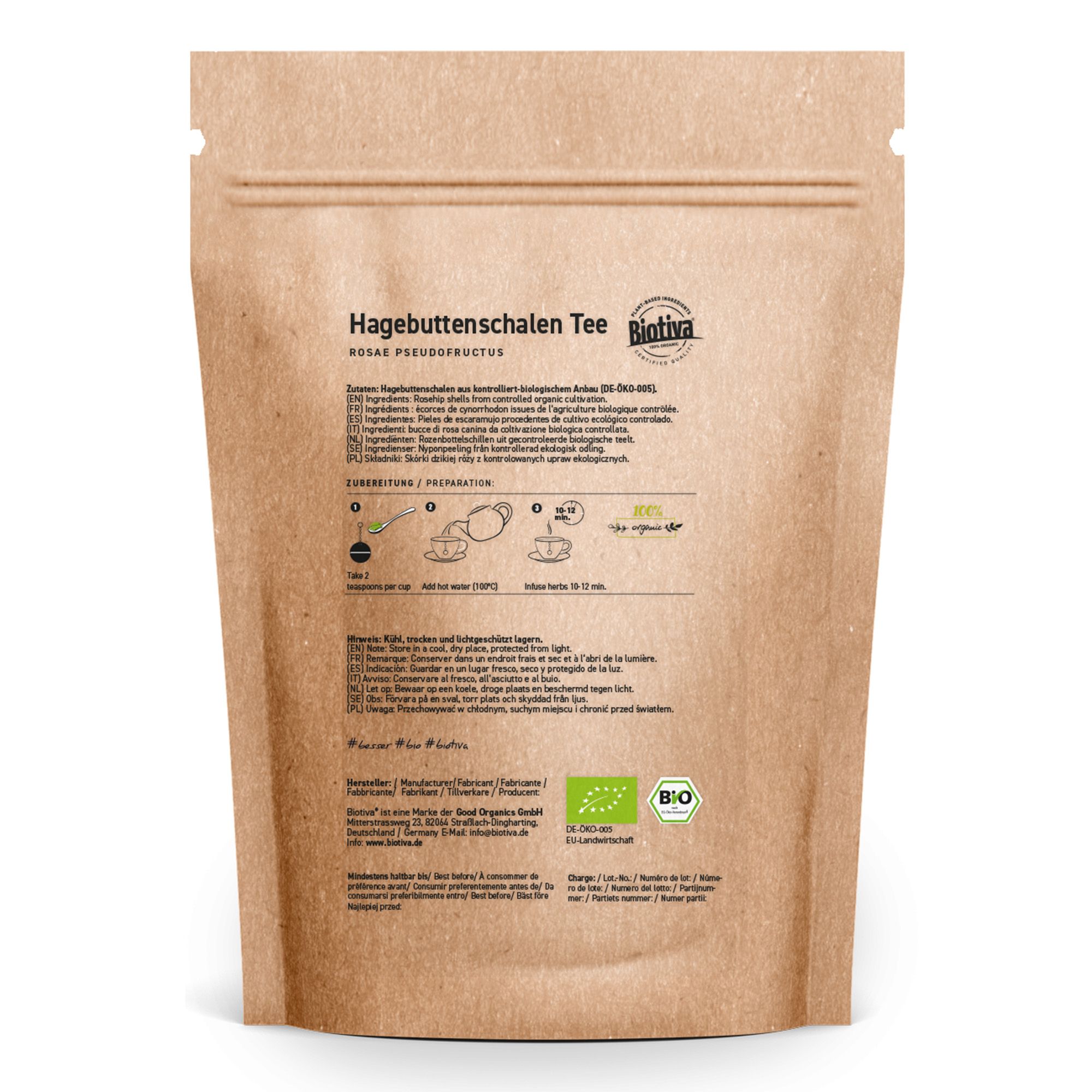 Confezione in carta marrone con stampa. Testo: Hagebuttenschalen Tee, Biotiva. Sigillo biologico e istruzioni per la preparazione.